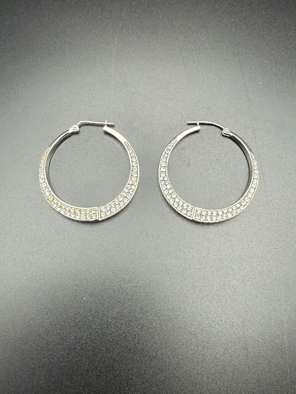 Vintage silver crescent hoop earrings micro-pave clear stones marked 925